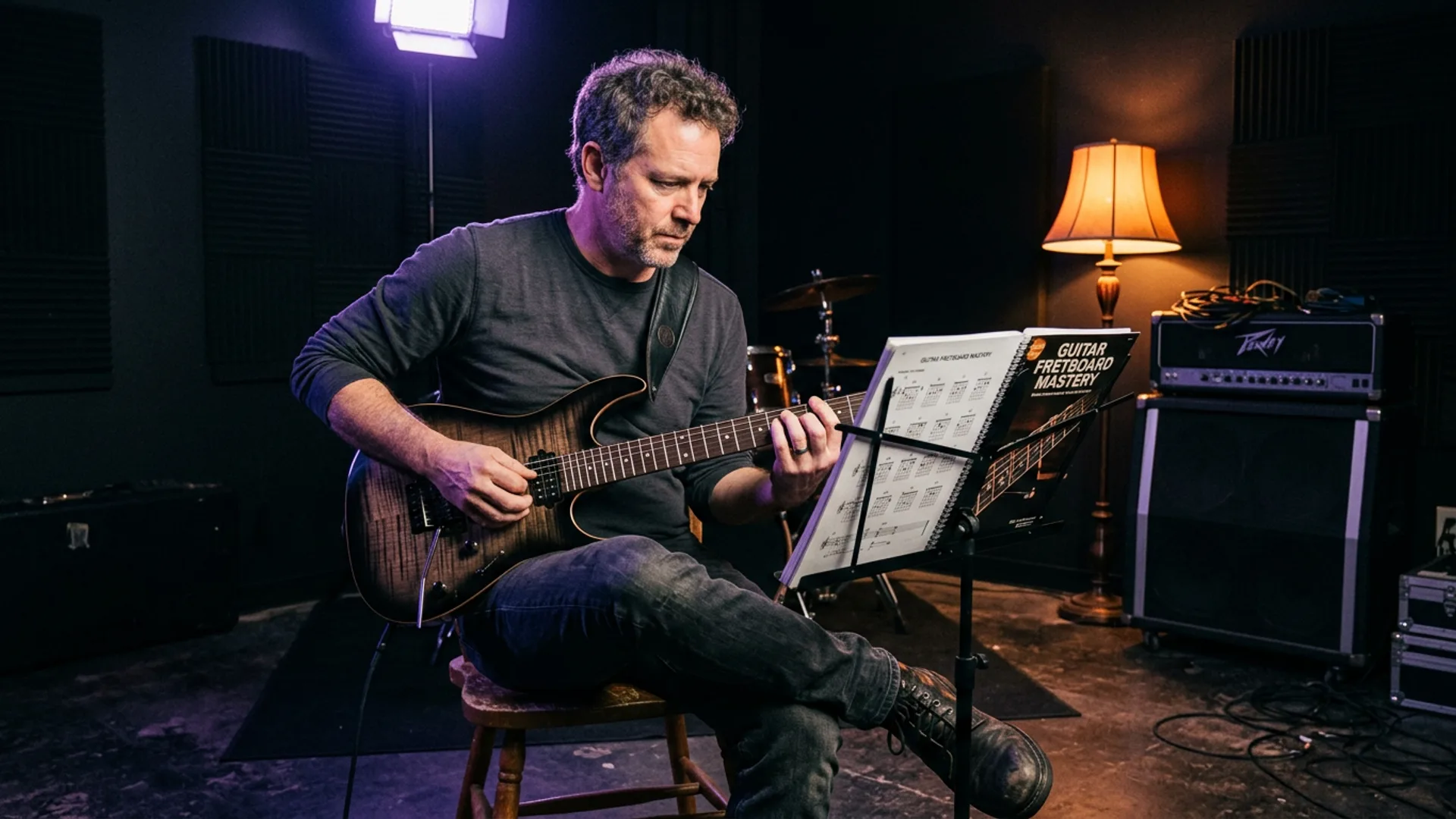 Guitar player working through Big Hair Theory books